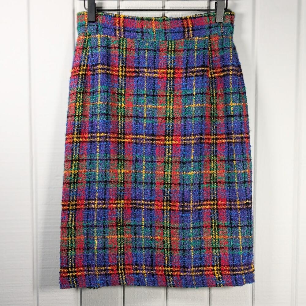 1980s Jerri Sherman Vintage Plaid Tweed Bright Multi-Colored Skirt Size 8